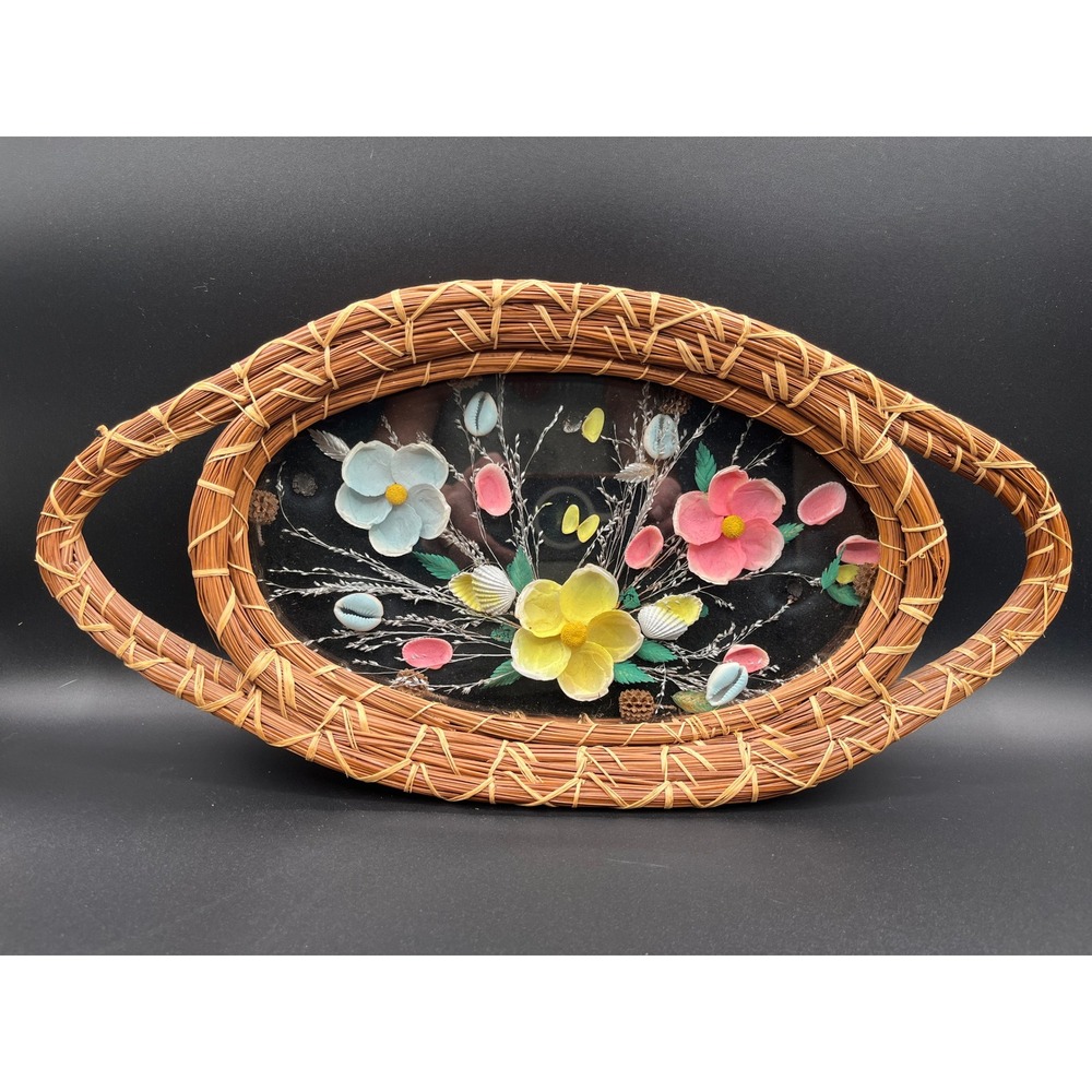 VTG‎ Shell Art Under Glass Tray Woven Sweetgrass Frame Deco Beach Coastal As Is